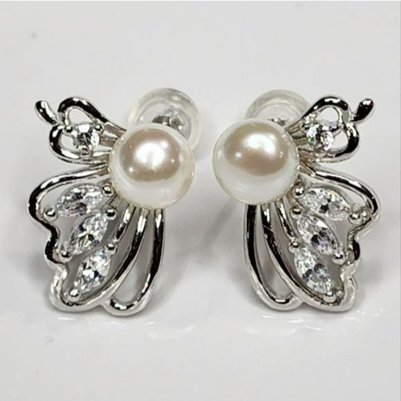 925S White Cultured Freshwater Pearl Butterfly Earrings - Picture 1 of 16
